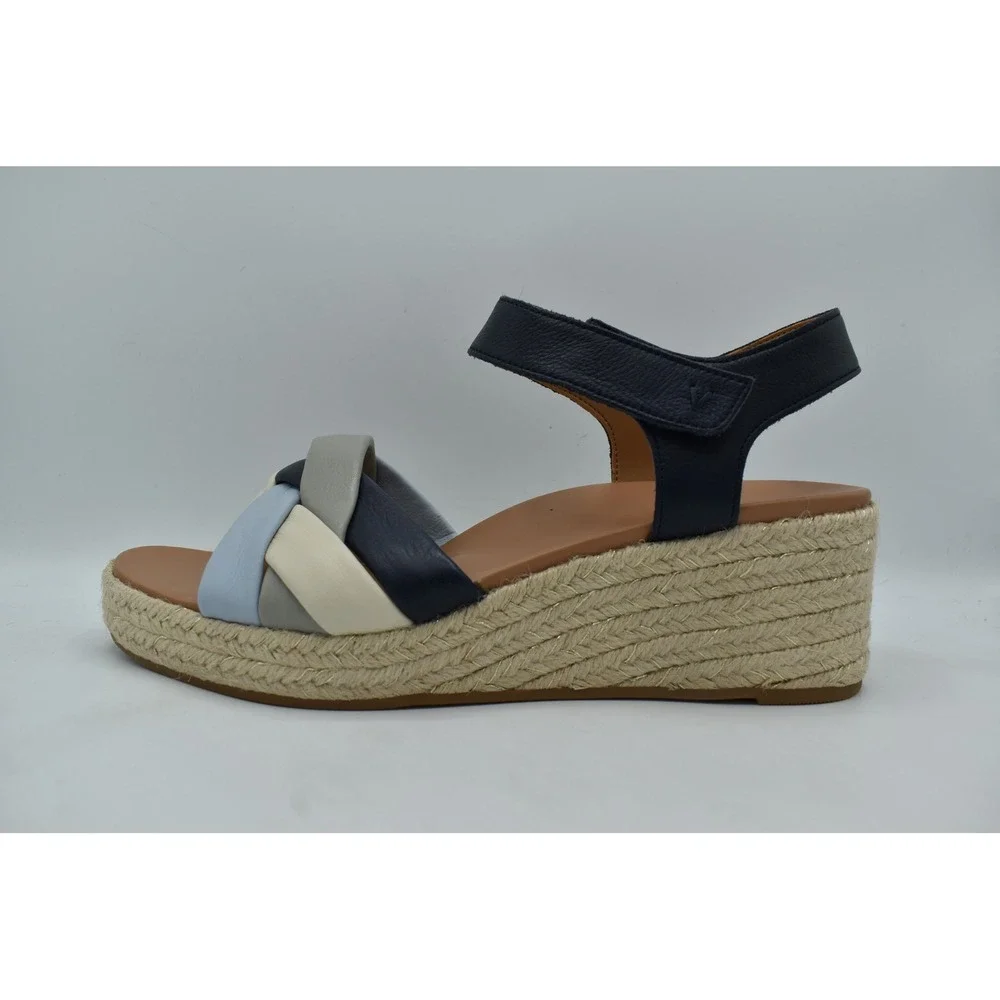 Vionic Women Size 11 Saratoga Navy Multi Leather Wedge Espadrille Sandals Shoes